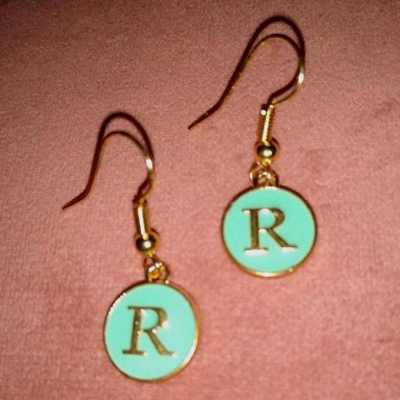 🪷 SALE Any Initials Personalized Earrings Aqua Blue Enamel Gold Initial Charms - Picture 4 of 10